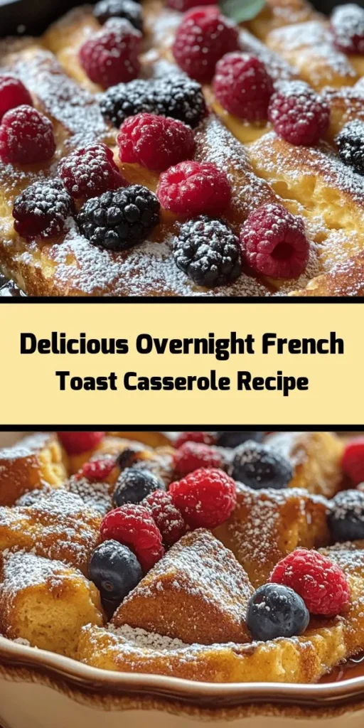 Start your day with a delicious twist on classic breakfast with this Overnight French Toast Casserole! Made with soft brioche or challah, rich custard, and a hint of warm spices, this dish is perfect for gatherings or a cozy family breakfast. Simply prep it the night before, let it soak, and bake it fresh in the morning. Top with powdered sugar and fresh berries for a delightful finish. Easy to make and even easier to love, this recipe serves 8-10. Enjoy a sweet start!