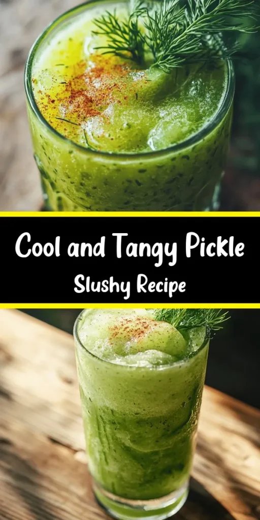 Dive into the refreshing world of Pickle Slushy Delight! This unique summer treat combines tangy pickle juice with icy goodness for a slushy experience like no other. Perfectly blended with optional sugar for sweetness and topped with chopped dill pickles, fresh dill sprigs, and a hint of chili powder for an exciting twist, this recipe is easy to whip up in just 10 minutes. Serve chilled and enjoy a cool, savory snack that’s sure to impress!