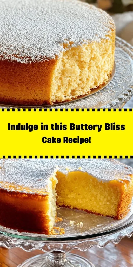 Indulge in the rich and delightful flavor of Buttery Bliss Cake! This easy-to-follow recipe combines fluffy layers of butter, sugar, and eggs for a moist treat perfect for any occasion. With just a handful of simple ingredients, you can create a stunning cake that's sure to impress. Top it off with powdered sugar or your favorite frosting for an extra touch of sweetness. Bake your way to bliss in no time! Perfect for gatherings or a cozy family dessert.