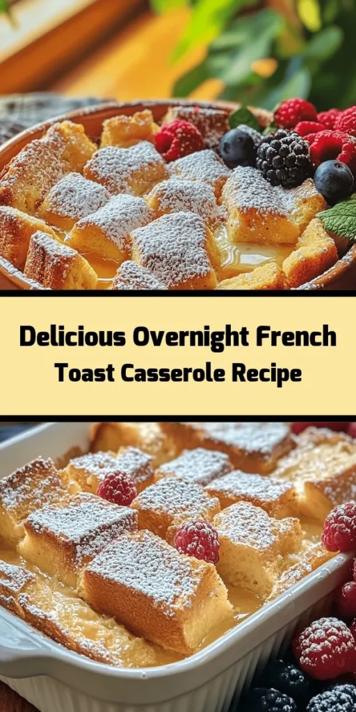 Wake up to a delicious Overnight French Toast Casserole that’s perfect for brunch! This easy recipe features cubes of French bread soaked in a rich custard made with eggs, milk, and cream, spiced with cinnamon and nutmeg. Just prepare it the night before and pop it in the oven in the morning for a warm, golden treat. Serve it with a dusting of powdered sugar and fresh berries for an extra special touch. Ideal for feeding a crowd or enjoying a cozy morning at home!