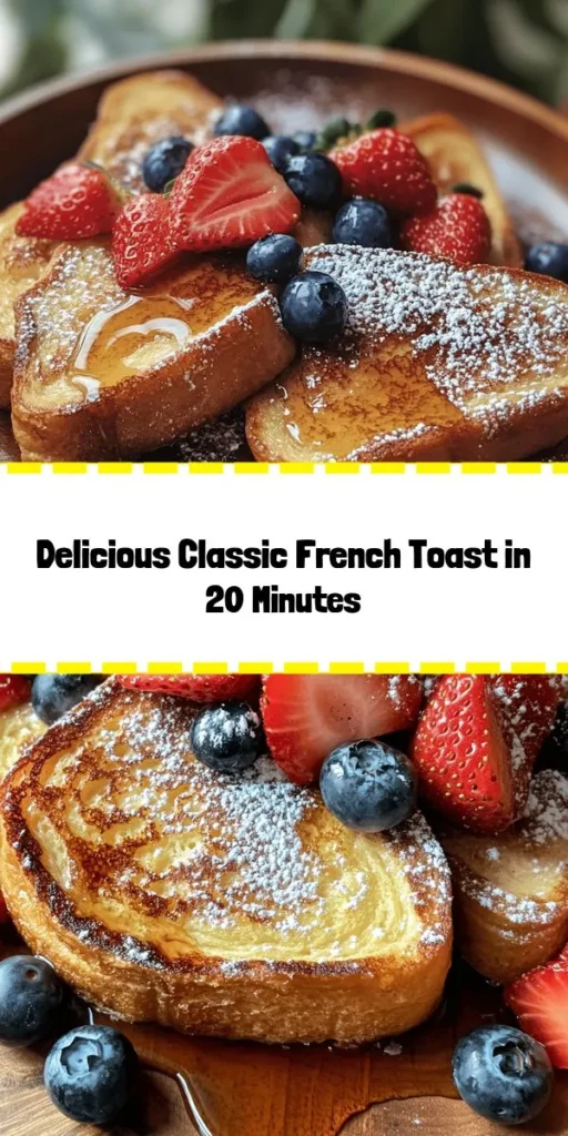 Discover the joy of making Classic French Toast Delight! With just a few simple ingredients like eggs, milk, and cinnamon, you can whip up this delicious breakfast in just 20 minutes. Perfect for using day-old brioche or challah bread, each slice is soaked to perfection and cooked until golden brown. Serve it warm with a sprinkle of powdered sugar, a drizzle of maple syrup, and fresh fruit for the ultimate brunch treat that will impress everyone!