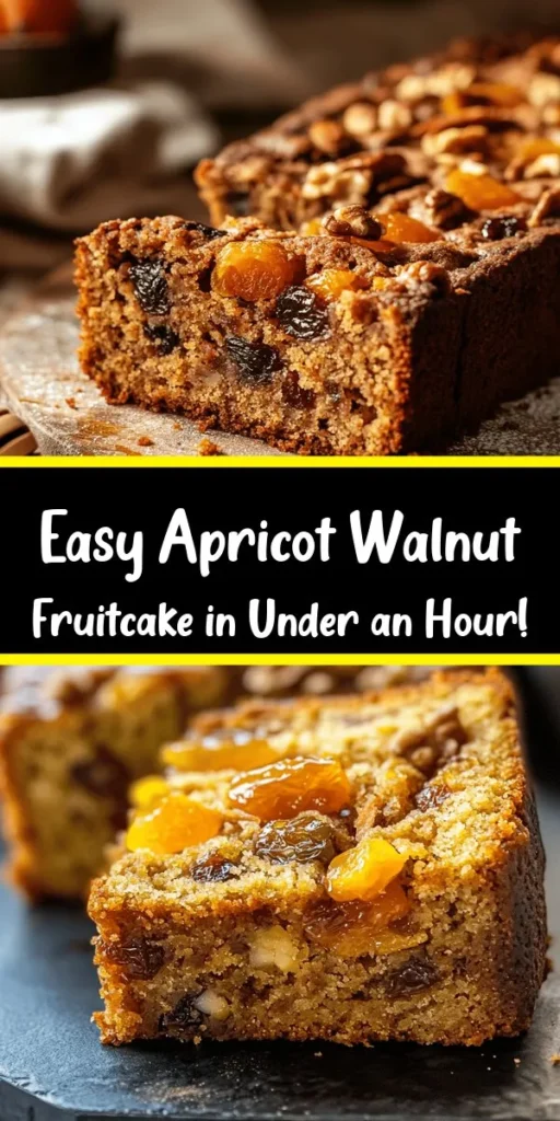 Whip up this Quick & Easy Apricot and Walnut Fruitcake for a delightful snack or dessert! With simple ingredients like chopped dried apricots, walnuts, and a hint of cinnamon, this cake is packed with flavor and texture. It comes together in just 50 minutes, making it perfect for both busy days and special occasions. Drizzle with honey for an extra touch of sweetness. Grab the recipe and treat yourself and your loved ones to this delicious homemade treat!