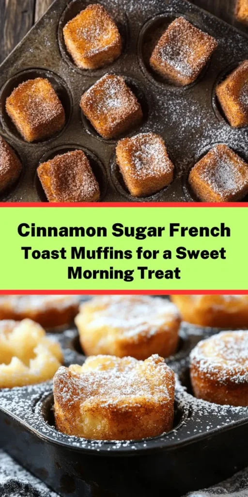 Indulge in the warmth of home-baked Cinnamon Sugar French Toast Muffins! These delightful treats are made with thick slices of bread soaked in a rich egg mixture with hints of vanilla, cinnamon, and nutmeg. Each muffin is topped with a sweet cinnamon sugar blend and baked until golden. Perfect for a cozy brunch or a sweet snack, these muffins are easy to make and utterly delicious. Serve them with maple syrup or fresh fruit for an extra special touch. Enjoy!