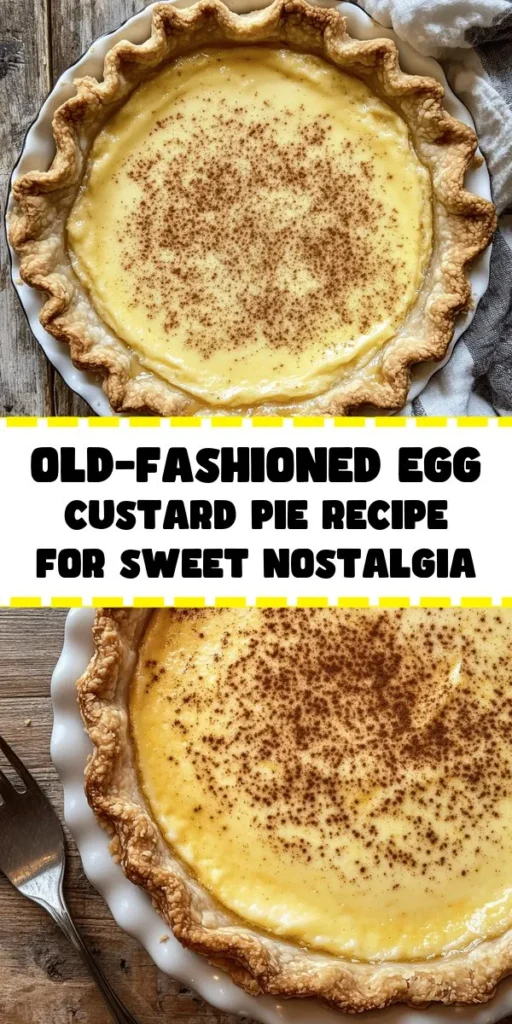 Indulge in the creamy goodness of this Classic Old-Fashioned Egg Custard Pie! This simple recipe combines a pre-made pie crust with a rich custard filling made from eggs, sugar, and whole milk, flavored with vanilla, nutmeg, and cinnamon. Bake until perfectly set, let cool, and garnish with a sprinkle of nutmeg before serving. Perfect for dessert lovers, this delightful pie offers a taste of nostalgia in every slice.