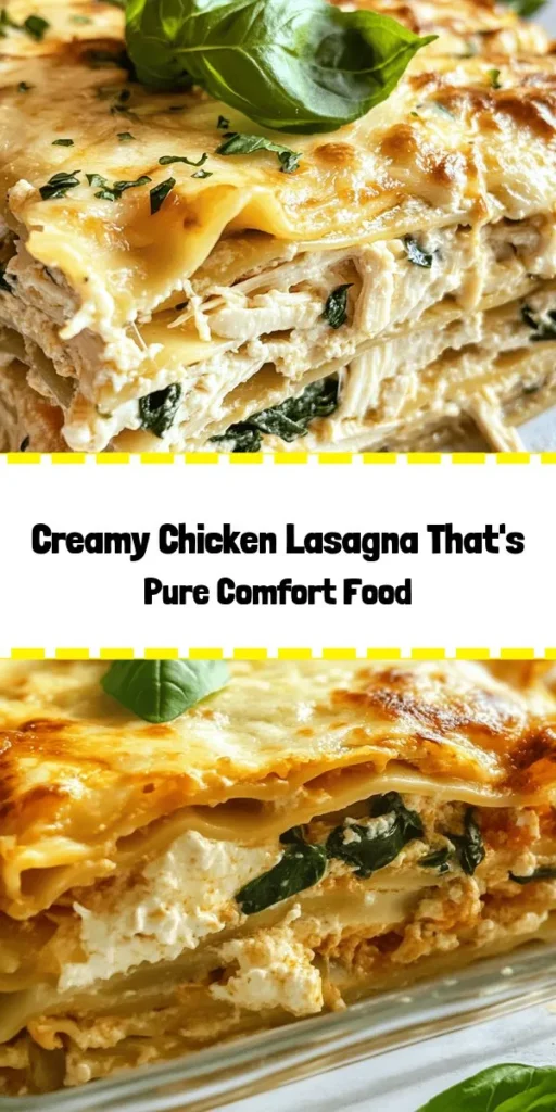 Indulge in a Creamy Chicken Lasagna Delight that’s perfect for family dinners or gatherings! This mouthwatering recipe features layers of tender lasagna noodles, seasoned shredded chicken, creamy ricotta, fresh spinach, and plenty of melty mozzarella and Parmesan. It's baked to perfection for a golden topping. Easy to prepare and full of flavor, this dish will have everyone coming back for seconds! Don't forget the fresh basil for a beautiful touch!