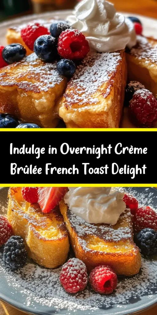 Indulge in a delightful breakfast with this Overnight Crème Brûlée French Toast recipe! This creamy and decadent dish is made by soaking thick slices of brioche or challah in a rich custard mixture overnight, ensuring every bite is bursting with flavor. Topped with a crunchy layer of caramelized brown sugar, it offers the perfect blend of textures. Serve with fresh berries and whipped cream for an extra touch of sweetness. Ideal for brunch or special occasions!