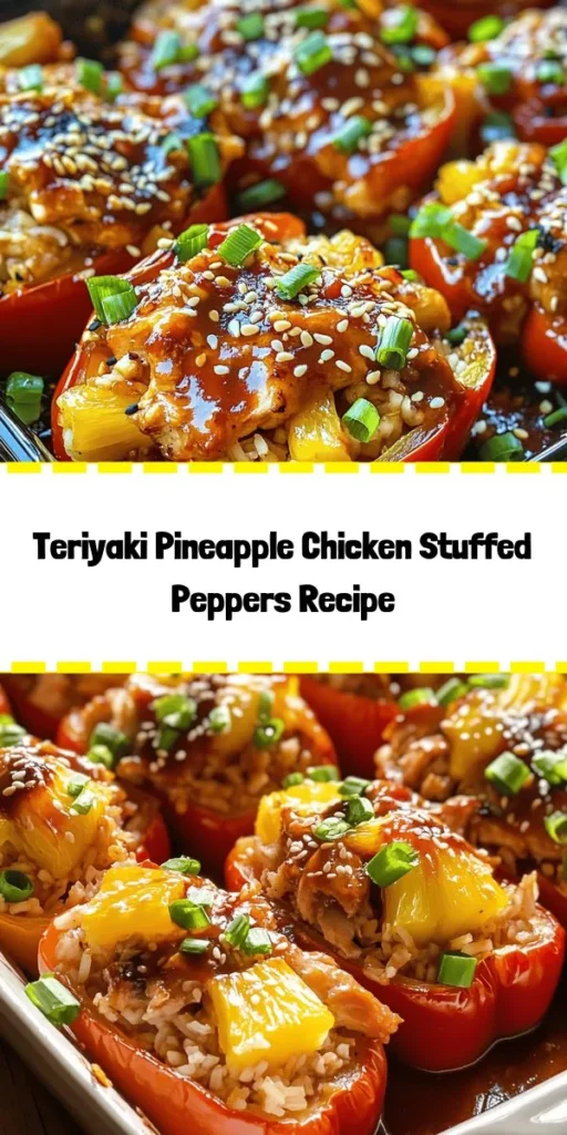 Experience a burst of flavors with these Teriyaki Pineapple Chicken & Rice Stuffed Peppers! This delicious recipe combines tender chicken thighs, fresh pineapple, and savory sauces, all packed into colorful bell peppers and baked to perfection. It's easy to make and perfect for a weeknight dinner or meal prep. Garnish with green onions and sesame seeds for a delightful presentation. Perfect for serving four, this dish is sure to impress family and friends!