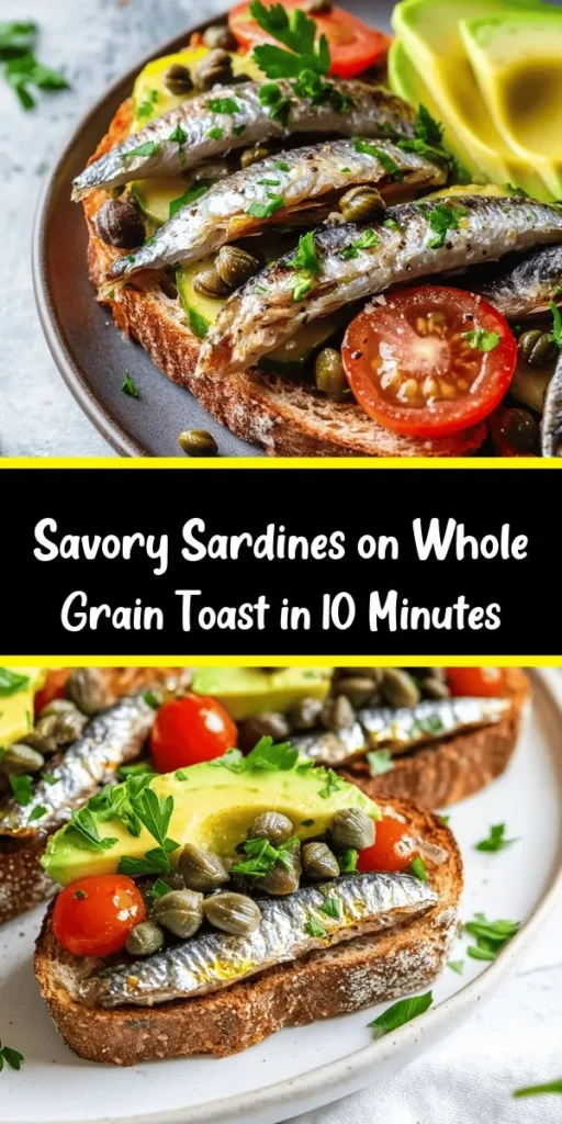 Discover the deliciousness of sardines on whole grain toast! This simple recipe combines canned sardines in olive oil with zesty lemon juice, Dijon mustard, and capers for a savory topping that's both satisfying and nutritious. Perfect for a quick breakfast or a light lunch, this dish can be customized with optional avocado, cherry tomatoes, or red onion. Ready in just 10 minutes, it’s a wholesome meal you won’t want to miss!