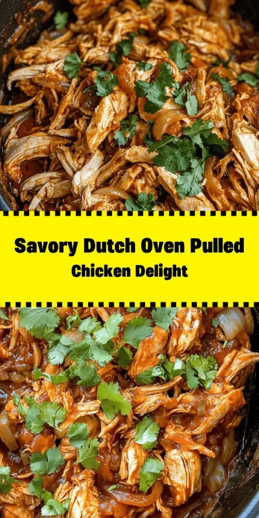 Get ready to savor this delicious Savory Dutch Oven Pulled Chicken! Perfectly seasoned chicken breasts are slow-cooked in a rich blend of BBQ sauce, garlic, and spices for ultimate flavor. This simple recipe is great for meal prep or a cozy family dinner. Serve it on buns, in tacos, or over a fresh salad for a tasty twist. With just a few easy steps, you'll have a mouthwatering dish that everyone will love! Don't forget the garnish of fresh herbs for that extra touch!