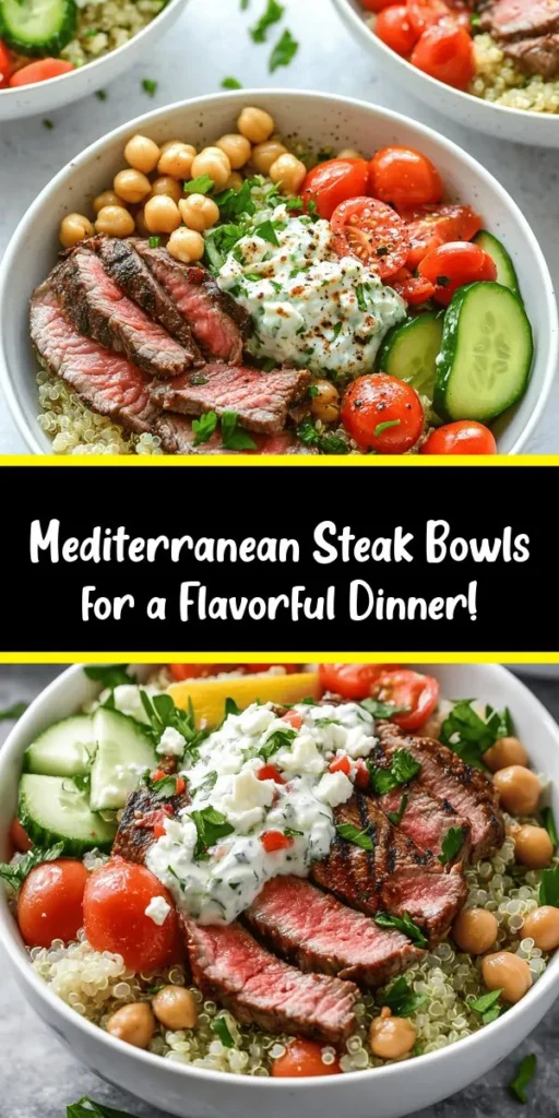 Enjoy the vibrant flavors of the Mediterranean with these delicious Steak Bowls! Packed with quinoa, fresh veggies, and a perfect sear on your favorite steak, this meal is not just tasty but also nutritious. Simply cook the quinoa, sauté the steak, mix up a colorful salad, and assemble it all together. Top it with creamy feta and tzatziki for an extra burst of flavor. It’s a satisfying dish that's perfect for any occasion!