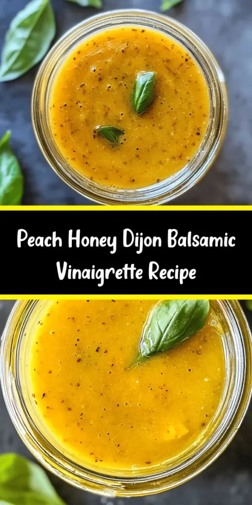 Elevate your salads with this refreshing Peach Honey Dijon Balsamic Vinaigrette! Made with ripe peaches, honey, Dijon mustard, and balsamic vinegar, this easy recipe comes together in just 10 minutes. Blend up the ingredients, let the flavors meld for a while, and you’ve got a delicious dressing that pairs perfectly with salads, grilled veggies, or as a marinade for meats. Garnish with fresh basil or mint for an extra touch. Enjoy the sweet and tangy goodness!