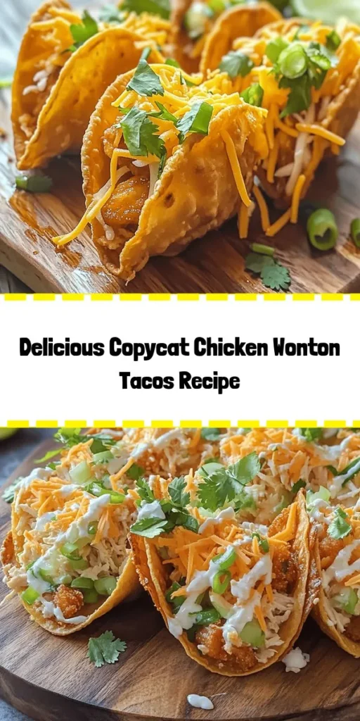 Delight in these easy Copycat Applebee’s Chicken Wonton Tacos. With a crispy wonton shell packed with a delicious mixture of shredded chicken, coleslaw, and a zesty ranch dressing, these tacos are perfect for parties or a cozy night in. In just 30 minutes, you can serve up 10 tasty tacos garnished with fresh cilantro. Enjoy them with a drizzle of ranch and a squeeze of lime for an extra kick. Perfect for any occasion!