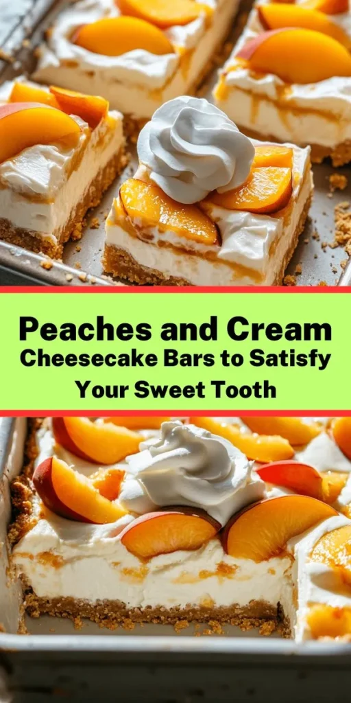 Indulge in these delightful Peaches and Cream Cheesecake Bars! This recipe combines a buttery graham cracker crust with creamy cheesecake and fresh diced peaches, creating a perfect summer treat. Easy to make with simple ingredients like cream cheese, sour cream, and vanilla, these bars are sure to impress at your next gathering. Chill for a refreshing dessert that everyone will love. Sweeten up your day with a slice of this peachy goodness!