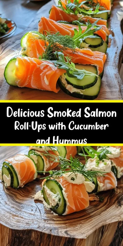 Try these delicious Smoked Salmon Roll-Ups with Cucumber and Hummus for a quick and healthy snack! Made with layers of smoked salmon, crisp cucumber, and a creamy hummus mix with dill, they’re simple to prepare in just 15 minutes. Perfect as an appetizer or light meal, you can enjoy them wrapped in whole wheat or spinach tortillas, or on their own. Garnish with fresh arugula for a burst of flavor! Easy, nutritious, and tasty!