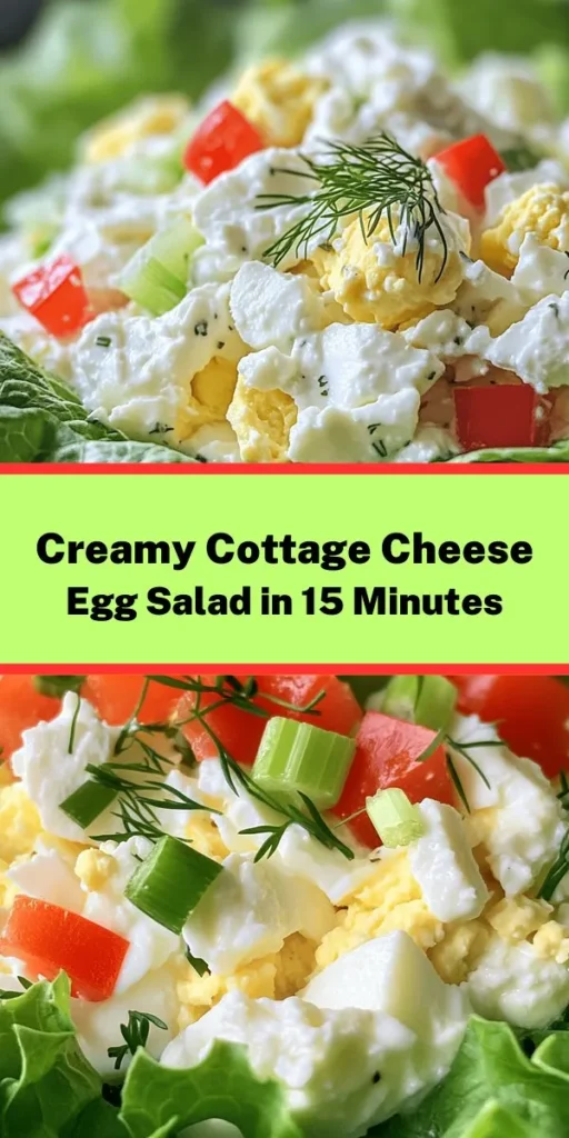 This Simple Cottage Cheese Egg Salad is a delicious twist on a classic favorite! Packed with protein from hard-boiled eggs and the goodness of cottage cheese, it’s perfect for a quick lunch or a satisfying snack. With fresh veggies like celery and bell pepper, plus a hint of dill, this recipe is both creamy and flavorful. Serve it on a bed of lettuce or as a hearty sandwich filling. Whip it up in just 15 minutes for a nutritious treat anyone will love!