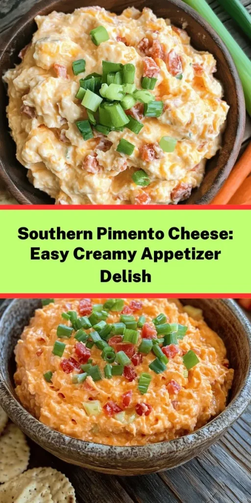 Try this Classic Southern Pimento Cheese Delight for a creamy, cheesy treat that will WOW your guests! With sharp cheddar, cream cheese, and diced pimentos blended together with just the right spices, it's perfect for spreading on crackers or toasted bread. Optional green onions and toasted pecans add a unique touch. Easy to make and ideal for gatherings, this flavorful dish is sure to be a hit at any party. Enjoy this Southern classic!