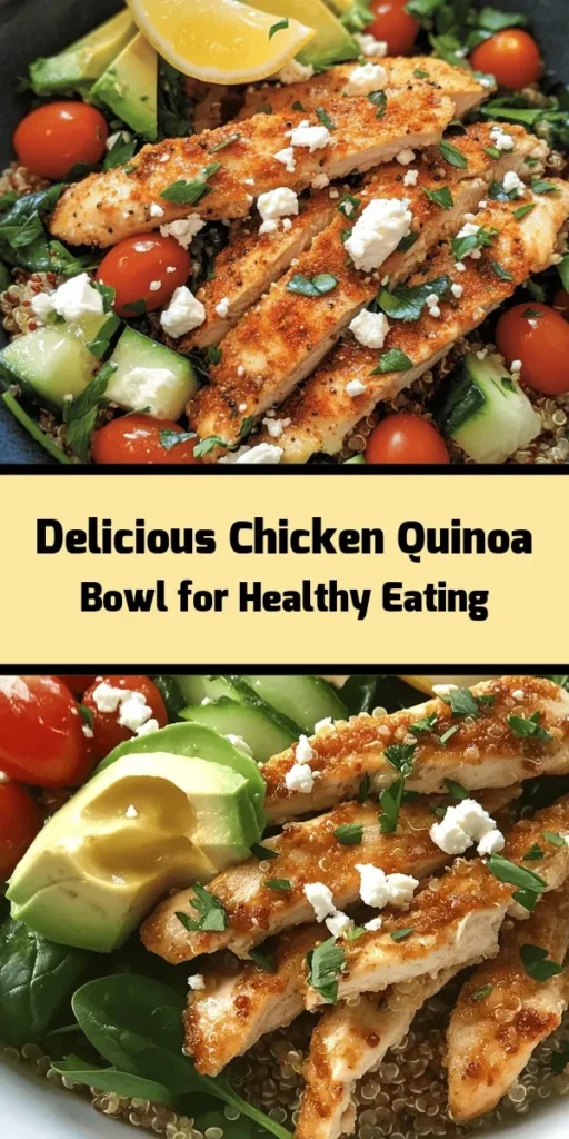 Discover the Ultimate Chicken Quinoa Bowl, a delicious and nutritious recipe perfect for a healthy meal! Packed with protein from tender chicken breasts and fiber-rich quinoa, this bowl is also loaded with fresh veggies like cherry tomatoes and cucumber. Finish off with creamy avocado and crumbled feta for extra flavor. Quick to prepare and customizable, this bowl is a satisfying dish that everyone will love. Perfect for meal prep or a hearty lunch! Enjoy with a squeeze of fresh lemon for a zesty kick.