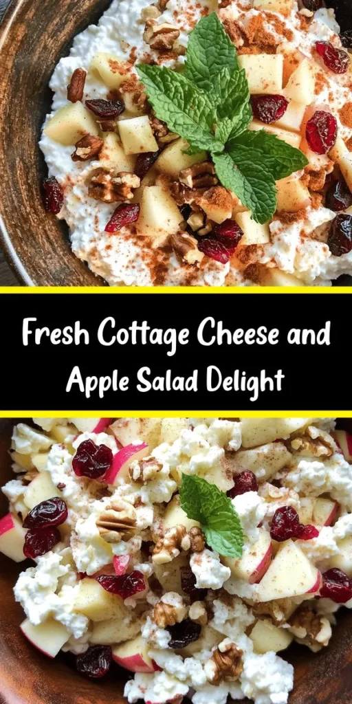 Discover a refreshing Cottage Cheese and Apple Salad that's perfect for any occasion! This simple dish combines creamy cottage cheese with sweet diced apples, crunchy walnuts, and tart dried cranberries, all drizzled with a honey-lemon dressing and sprinkled with cinnamon for extra flavor. Ready in just 10 minutes, it's healthy, delicious, and makes a great snack or light meal. Enjoy garnished with fresh mint for a pop of color!