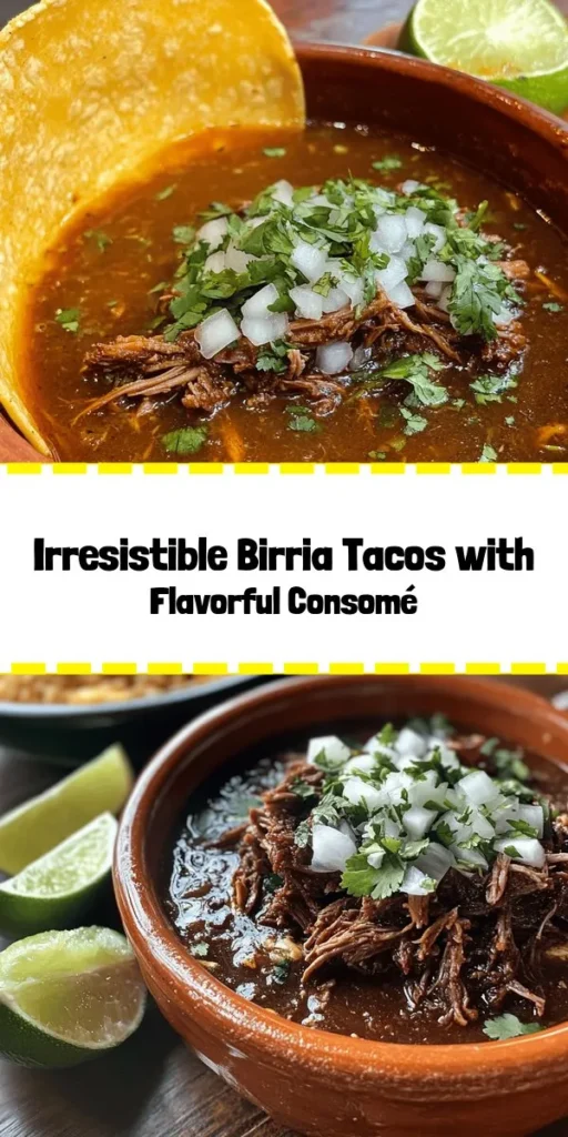 Indulge in the rich flavors of savory Birria Tacos served with a delicious consomé! This recipe features tender beef chuck roast marinated in a blend of spices and chili peppers, then slow-cooked to perfection. Enjoy these mouthwatering tacos filled with shredded beef, melted cheese, and fresh toppings like onion and cilantro. Dip each bite into the warm, flavorful broth for an authentic experience. Perfect for gatherings or a cozy night in!
