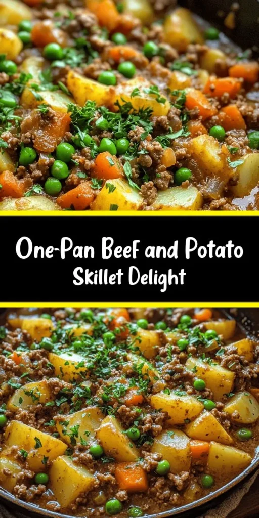 Create a comforting family meal with this Hearty Ground Beef & Potato Skillet. It's packed with flavor from ground beef, diced potatoes, and a colorful mix of peas and carrots, all simmered in rich beef broth. This one-pan recipe is easy to prepare in just 45 minutes, making it perfect for a busy weeknight dinner. Garnish with fresh parsley for a pop of color. Enjoy delicious home-cooked comfort food everyone will love!