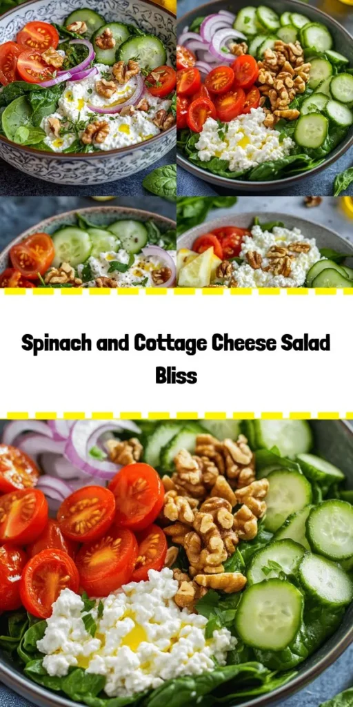 Elevate your salad game with this refreshing Cottage Cheese & Spinach Delight! Packed with fresh spinach, creamy cottage cheese, and colorful veggies like cherry tomatoes and cucumber, this dish is a nutritious powerhouse. Drizzled with a zesty olive oil and lemon dressing, topped with crunchy walnuts, it's perfect for a quick lunch or light dinner. Ready in just 10 minutes, serve it fresh and enjoy a burst of flavor!