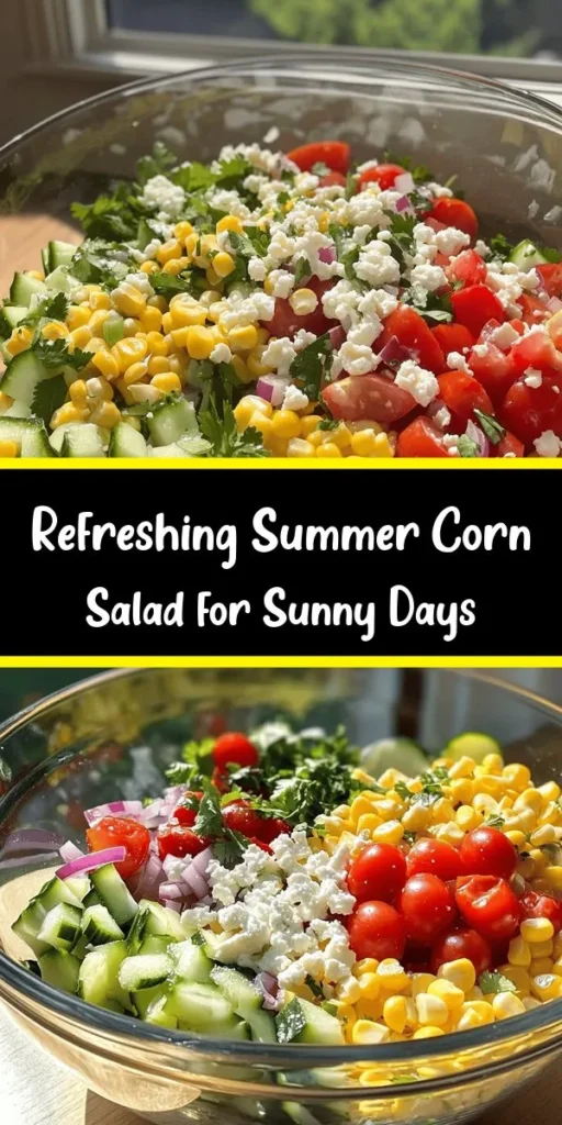 Beat the heat this summer with our Sunny Breeze Summer Corn Salad! This vibrant dish combines fresh corn, juicy cherry tomatoes, crunchy cucumbers, and a zesty lime dressing for a refreshing treat. Perfect as a side for barbecues or picnics, it's easy to make with just a few simple ingredients. Topped with feta cheese and cilantro, this salad is a delightful burst of flavor that will brighten up any meal. Try it today!