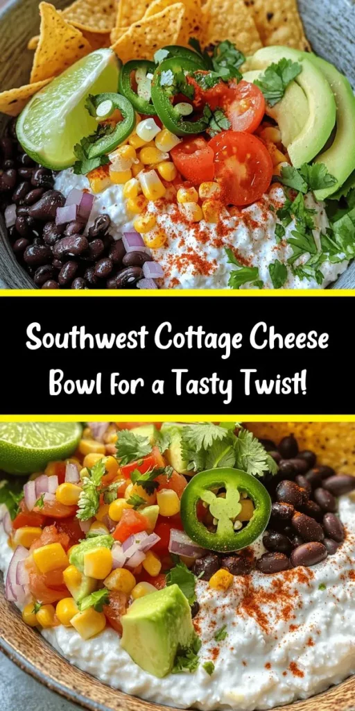 Looking for a quick and healthy meal? Try this Southwest Cottage Cheese Bowl! Packed with protein and vibrant flavors, it's easy to whip up in just 10 minutes. Combine creamy cottage cheese with black beans, corn, diced avocado, cherry tomatoes, and fresh cilantro, then season with lime juice and spices for a tasty twist. Serve with tortilla chips for a satisfying crunch. Perfect for a light lunch or snack! Enjoy this delicious blend of flavors and textures.