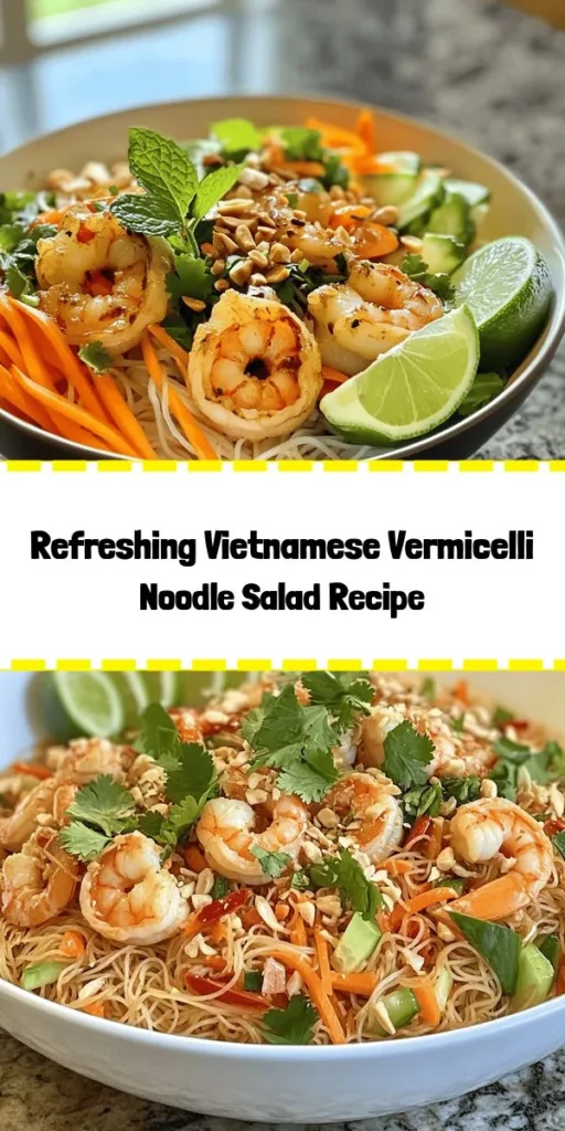 Enjoy a fresh and vibrant Vietnamese Vermicelli Noodle Salad that's perfect for a light meal or as a side dish! This easy recipe features tender vermicelli noodles, succulent shrimp (or tofu), crisp veggies, and fragrant herbs, all tossed in a flavorful dressing. Top with crunchy peanuts and fried shallots for an extra layer of texture. Serve with lime wedges for added zing. Quick to prepare and packed with deliciousness, it's a delightful taste of Vietnam at home!
