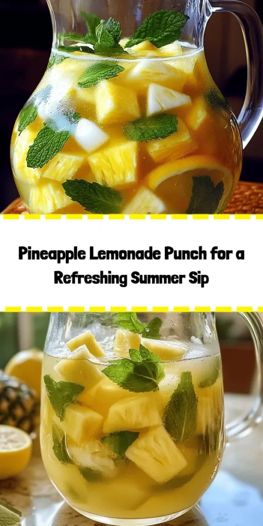 Refresh your gatherings with this delicious Pineapple Lemonade Punch! Perfect for warm days, this drink combines fresh pineapple and lemon juices with a touch of honey for sweetness, topped off with sparkling water for a fizzy twist. Add pineapple chunks and lemon slices for a vibrant look, and don’t forget the mint garnish for a burst of freshness. Quick to prepare, this punch is a crowd-pleaser that will keep everyone coming back for more! Serve chilled over ice for the ultimate summer refreshment.