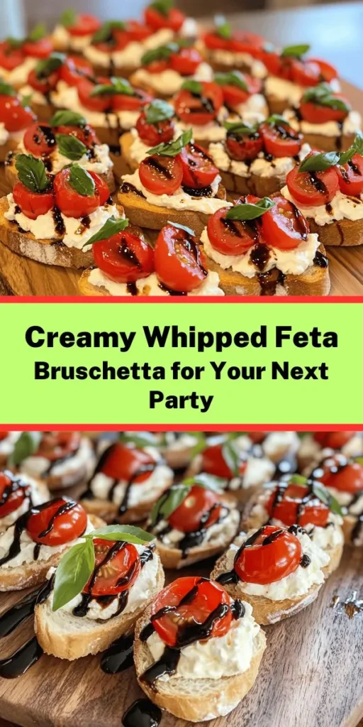 Looking for a tasty appetizer that'll impress your guests? Try this Whipped Feta Bruschetta! With creamy whipped feta, fresh cherry tomatoes, and fragrant basil, these delicious bites are perfect for any occasion. Toasted baguette slices drizzled with balsamic glaze add the perfect finishing touch. Easy to make in just 25 minutes, this recipe serves 12 and is sure to become a favorite. Perfect for parties or as a delightful snack!