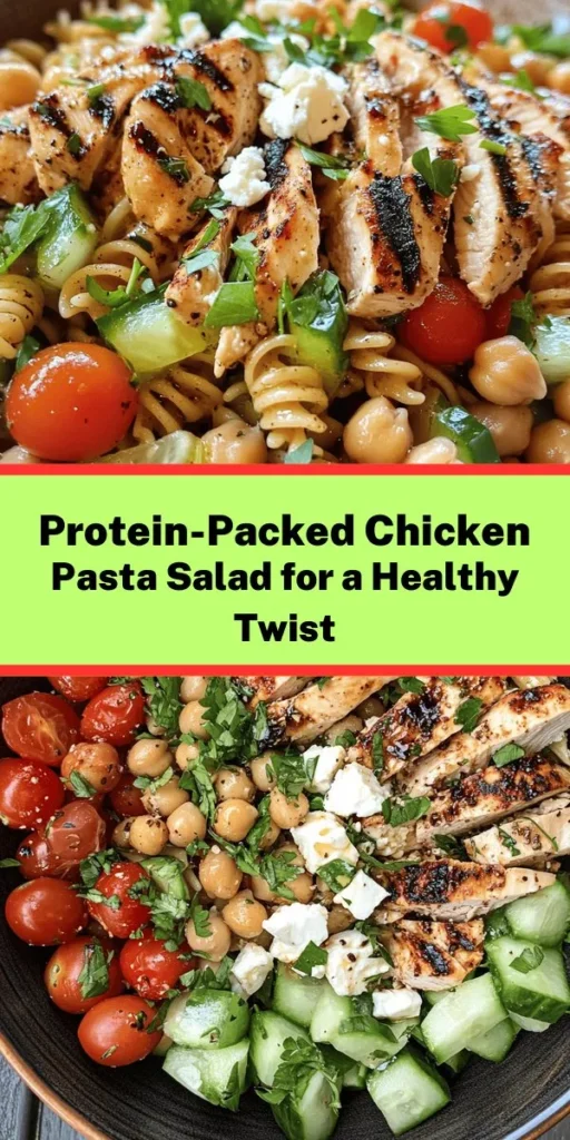 Looking for a nutritious and flavorful meal? Try this High Protein Chicken Pasta Salad! Made with whole grain pasta, tender grilled chicken, fresh veggies, and chickpeas, it’s packed with protein and perfect for meal prep or a light lunch. Toss everything together with a zesty dressing of olive oil, balsamic vinegar, and mustard for a delicious finish. Chill for 30 minutes and enjoy a refreshing dish that serves six. Healthy eating made easy!