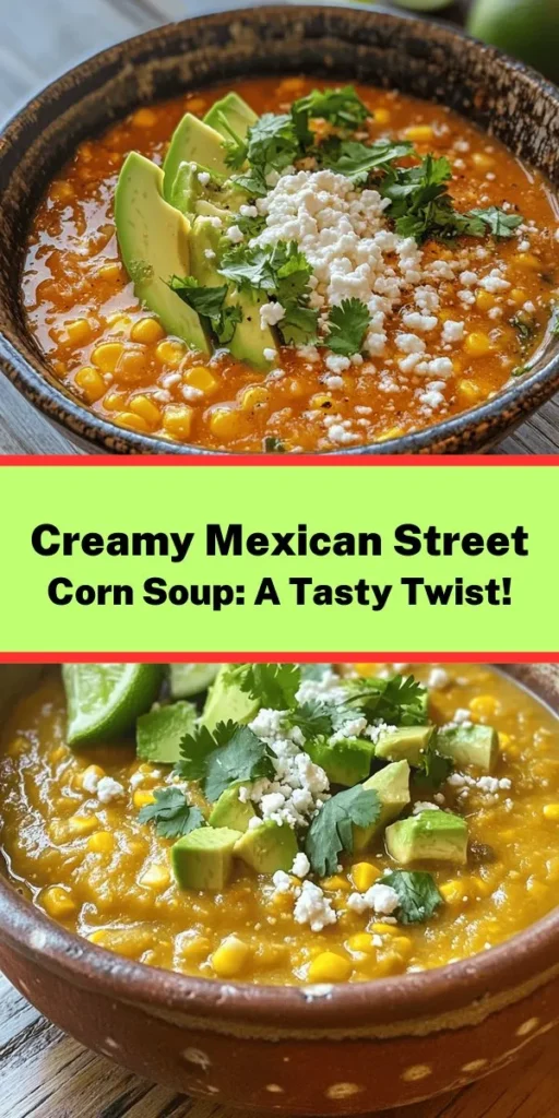 Warm up with this delicious Mexican Street Corn Soup! Made with fresh corn, diced onions, and vibrant bell peppers, this creamy soup is bursting with flavor. Seasoned with chili powder and cumin, it's perfect for a cozy night in or a gathering with friends. Top with crumbled cotija cheese and fresh avocado for a finishing touch. Quick to prepare, this delightful dish serves 4-6 and is sure to satisfy your taste buds. Try it out today!