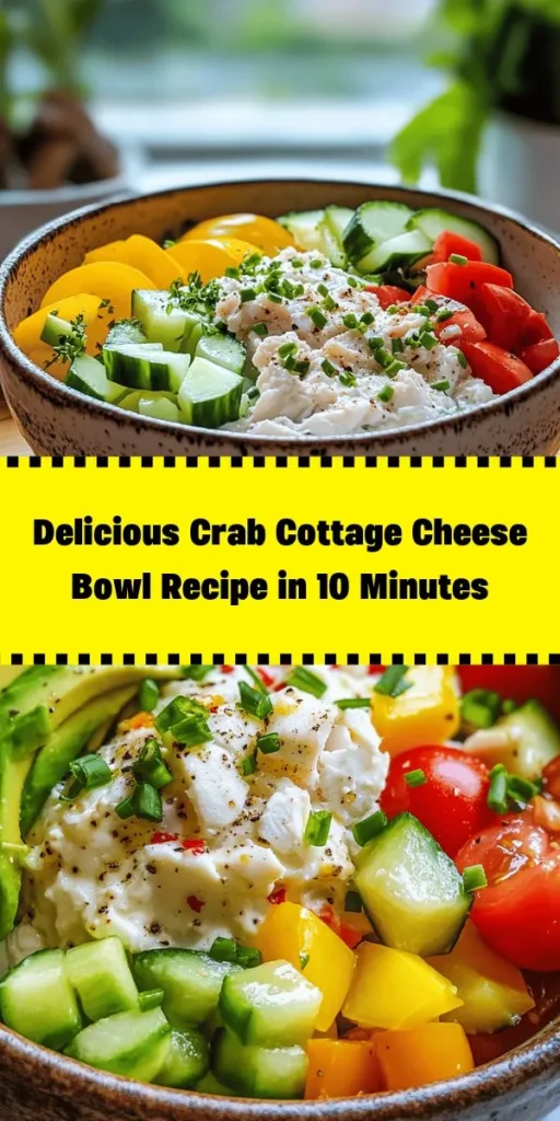 Discover a refreshing and protein-packed Crab Cottage Cheese Bowl that's perfect for a quick meal! This delightful recipe combines creamy cottage cheese with tender crab meat, crunchy cucumbers, vibrant bell peppers, and sweet cherry tomatoes. Enhanced with a zesty dressing of lemon juice and Dijon mustard, it’s both satisfying and nutritious. Serve it chilled or at room temperature for a delicious lunch or dinner option. Don't forget to add avocado for an extra flavor boost!