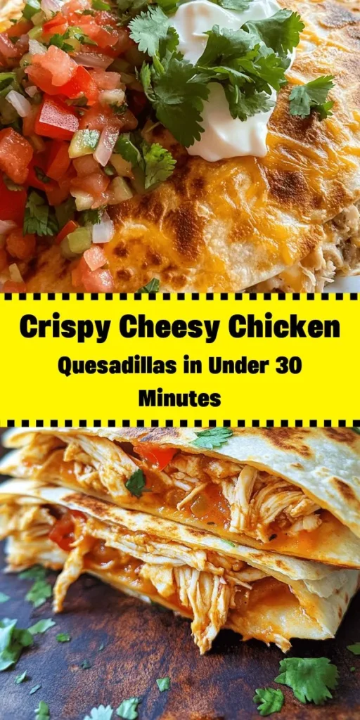 Indulge in the deliciousness of crispy cheesy chicken quesadillas! Perfect for a quick dinner or a tasty snack, these quesadillas are packed with shredded chicken, melty mozzarella and cheddar cheese, and vibrant bell peppers. In just 20 minutes, you can whip up this crowd-pleaser that pairs perfectly with salsa and sour cream. Easy to make and even easier to enjoy, each bite offers a burst of flavor that satisfies. Gather your ingredients and get cooking!