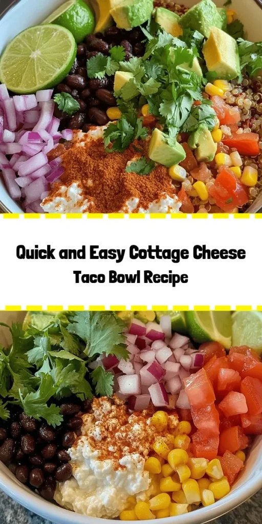 Get ready to enjoy a deliciously healthy Easy Cottage Cheese Taco Bowl! Packed with protein-rich cottage cheese, quinoa or brown rice, black beans, corn, and colorful veggies, this vibrant dish is perfect for a quick meal. Seasoned with chili powder and cumin, topped with creamy avocado and fresh cilantro, it’s a feast for your taste buds. Ready in just 15 minutes, serve it with lime wedges for a zesty kick! Perfect for lunch or dinner.