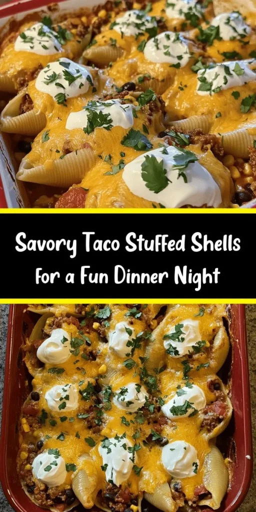 Satisfy your craving for Mexican food with these delicious Taco Stuffed Shells! Perfect for a cozy dinner, this recipe combines jumbo pasta shells with a savory filling of seasoned ground beef, black beans, corn, and tomatoes, all topped with melted cheddar cheese. Easy to prepare and packed with flavor, these shells are finished with sour cream and fresh cilantro for a burst of freshness. Ideal for feeding a crowd or enjoying leftovers! Give it a try and elevate your pasta night!