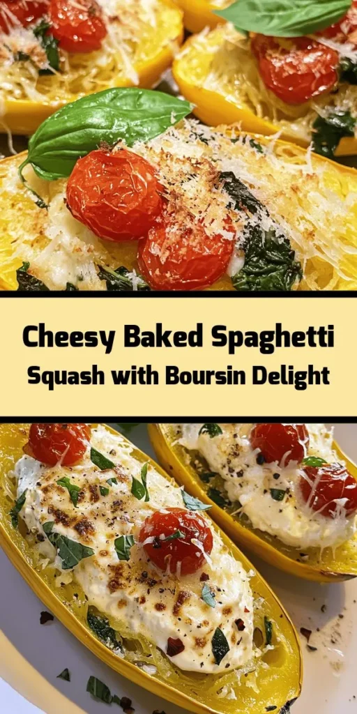 Discover a deliciously creamy and cheesy dish with this Baked Boursin Spaghetti Squash recipe! This wholesome meal combines roasted spaghetti squash, vibrant cherry tomatoes, and fresh spinach, all tossed with rich Boursin cheese. Perfect for a cozy dinner or a comforting side dish, it’s easy to make and packed with flavor. Garnish with fresh basil for an extra pop! Enjoy a healthy twist on pasta night that everyone will love.