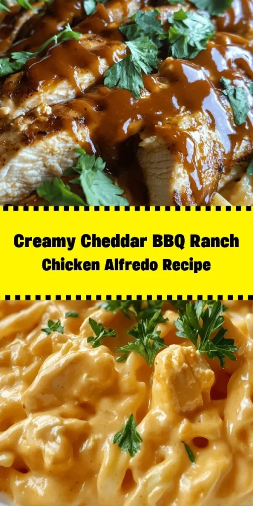 Indulge in this Creamy Cheddar BBQ Ranch Chicken Alfredo that's perfect for a cozy dinner! With tender chicken, fettuccine pasta, and a rich sauce featuring creamy cheddar, BBQ sauce, and ranch dressing, this dish is packed with flavor. Quick to prepare in just 30 minutes, it's a delightful meal that serves four. Top it off with fresh parsley for a burst of color. Your family will love this comforting and delicious recipe!