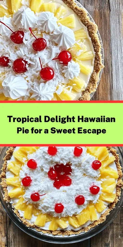 Indulge in a taste of paradise with this Tropical Delight Hawaiian Pie! This creamy, dreamy dessert features a perfectly combined mix of crushed pineapple, coconut cream, and sweetened shredded coconut, all nestled in a graham cracker crust. Easy to make and chilled to perfection, it's the ideal treat for any occasion. Top with whipped cream and maraschino cherries for an extra festive touch. Get ready to impress your guests with this refreshing slice of island bliss!