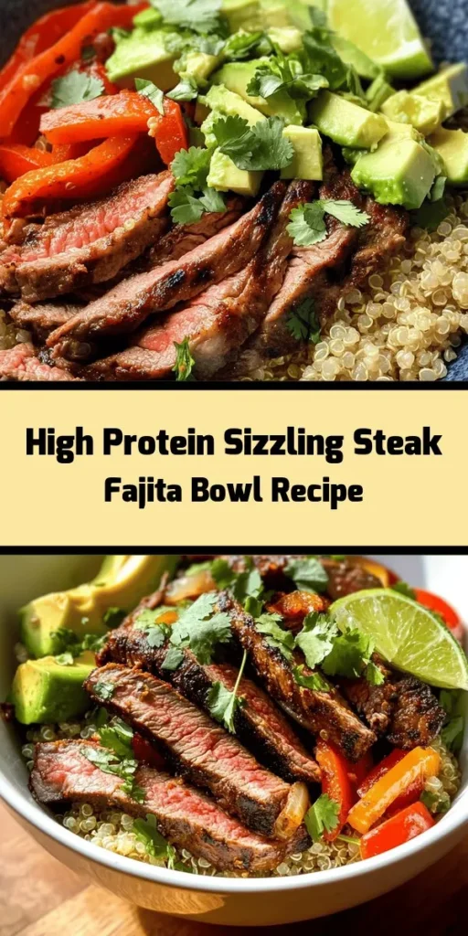 Get ready to spice up your meal with this Sizzling High Protein Steak Fajita Bowl! Perfect for a nutritious lunch or dinner, this bowl features tender flank steak marinated in zesty spices, sautéed bell peppers, and creamy avocado, all layered over quinoa or brown rice. Packed with protein and flavor, it's easy to customize with your favorite toppings. Quick to prepare and incredibly satisfying, your taste buds will thank you! Enjoy the bold flavors and healthy goodness in every bite!