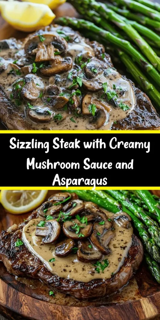 Indulge in this mouthwatering Sizzling Steak with Creamy Mushroom Sauce & Asparagus! Perfectly cooked ribeye steaks are topped with a rich, velvety mushroom sauce made with garlic and heavy cream. Paired with tender asparagus to make a complete meal that's both flavorful and elegant. Ideal for date nights or special occasions, this dish is sure to impress. Serve with a squeeze of lemon for an extra zing! Ready in just 40 minutes!