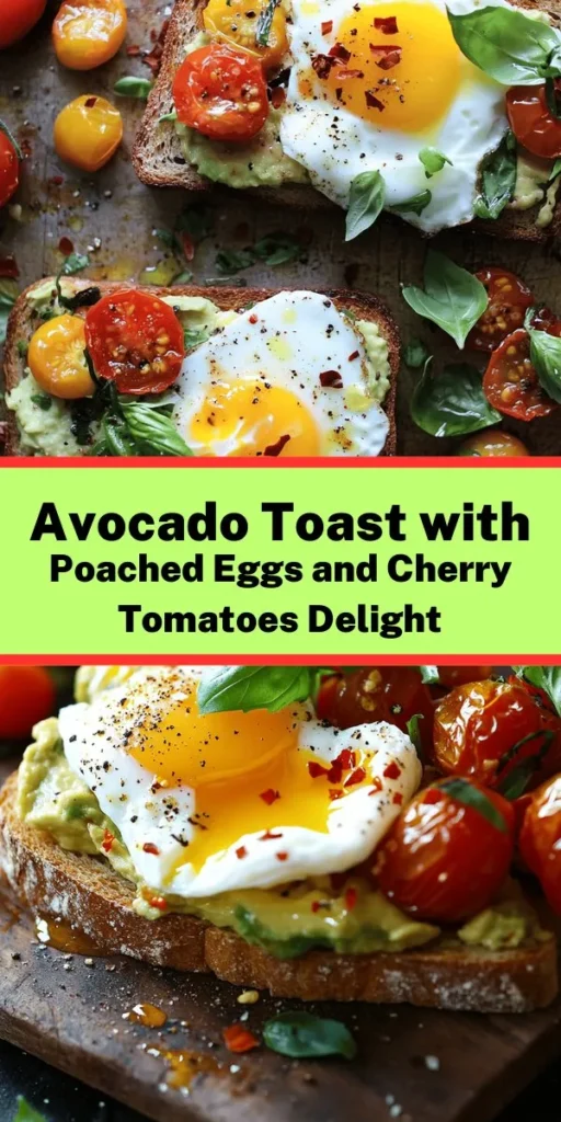 Elevate your breakfast game with this vibrant Sunrise Avocado Toast topped with perfectly poached eggs and juicy cherry tomatoes! Start with crispy whole grain bread, slathered with creamy avocado mixed with lemon juice, salt, and pepper. Then, add beautifully poached eggs and sautéed cherry tomatoes for a burst of flavor. Garnish with fresh herbs and optional chili flakes for a hint of spice. Ready in just 20 minutes, it’s the perfect blend of delicious and nutritious!