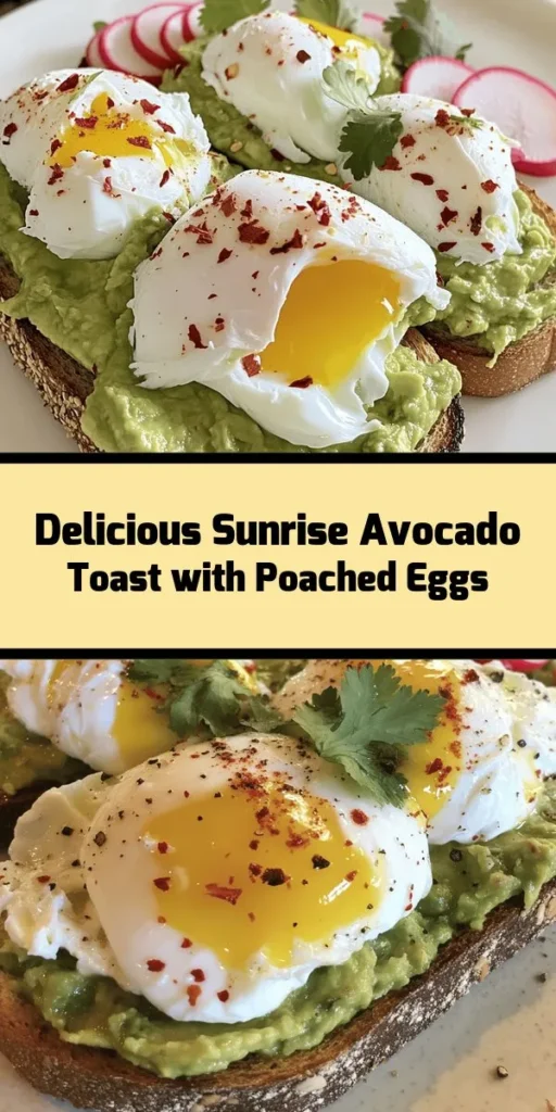 Start your day with this delicious Sunrise Avocado Toast Delight! This quick and simple recipe features creamy mashed avocados on perfectly toasted whole-grain bread, topped with a runny poached egg and a sprinkle of red pepper flakes for that spicy kick. Customize your toast with fresh radishes, cherry tomatoes, or feta for an extra burst of flavor. It’s a healthy breakfast option packed with nutrients that's ready in just 20 minutes! Enjoy this beautiful and satisfying meal!