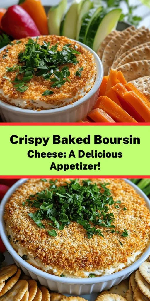 Elevate your appetizer game with this Crispy Baked Boursin Delight! With just a few ingredients, like flavorful Boursin cheese and crunchy panko breadcrumbs, you can create a perfect party snack in just 30 minutes. Simply coat the cheese, bake it to golden perfection, and serve with fresh veggies or crackers. It’s an easy and delicious way to impress your guests at any gathering. Quick prep, maximum flavor!