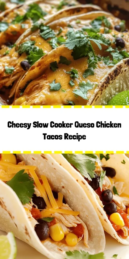 Indulge in these cheesy slow cooker queso chicken tacos for a delicious and easy dinner! Just combine chicken, salsa, taco seasoning, and cream cheese in the slow cooker and let it work its magic. After a few hours, shred the chicken, mix in black beans and corn, and top it all off with melting cheddar cheese. Serve in warm tortillas with fresh cilantro and lime for a burst of flavor. Perfect for taco night or any gathering!