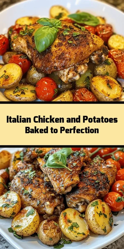 Indulge in this Savory Italian Chicken & Potatoes recipe that's perfect for any night of the week! This dish features juicy chicken thighs marinated in a zesty blend of olive oil, lemon, garlic, and herbs, paired with tender baby potatoes and sweet cherry tomatoes. Baked to perfection, it's a flavorful one-pan meal that’s easy to prepare. Serve it up with fresh basil for a burst of color and flavor. Perfect for family dinners or gatherings!