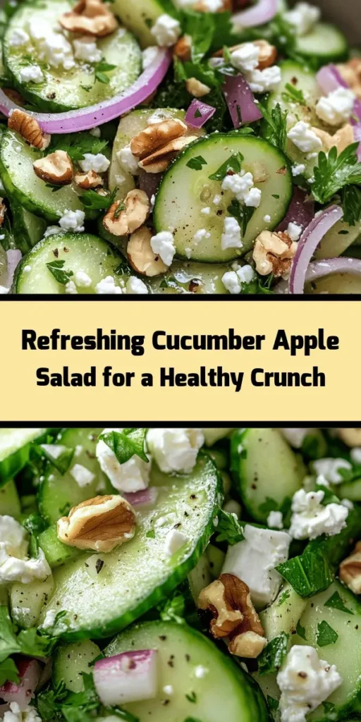 Discover this refreshing Crunchy Cucumber and Apple Salad that’s perfect for any occasion! With crispy cucumbers, tart apples, and a delightful mix of red onion, parsley, and walnuts, this salad bursts with flavor. Optional feta cheese adds a creamy touch. Tossed in a simple olive oil and apple cider vinegar dressing, it’s a delicious and nutritious dish that can be made in just 15 minutes. Ideal for summer picnics or light lunches, chill and enjoy!
