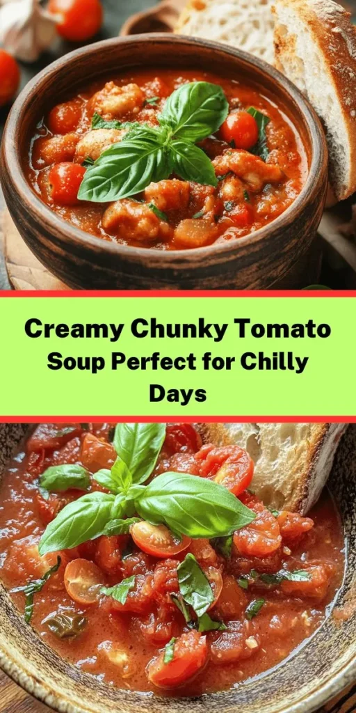 Warm up with this creamy chunky tomato soup that's perfect for any occasion! Made with fresh ripe tomatoes and a hint of basil and oregano, this comforting dish is both delicious and easy to prepare. Blend it to your desired texture, then stir in heavy cream or coconut milk for a rich finish. Enjoy it with crusty bread for dipping. A satisfying meal ready in just under an hour, it’s a must-try for tomato soup lovers!