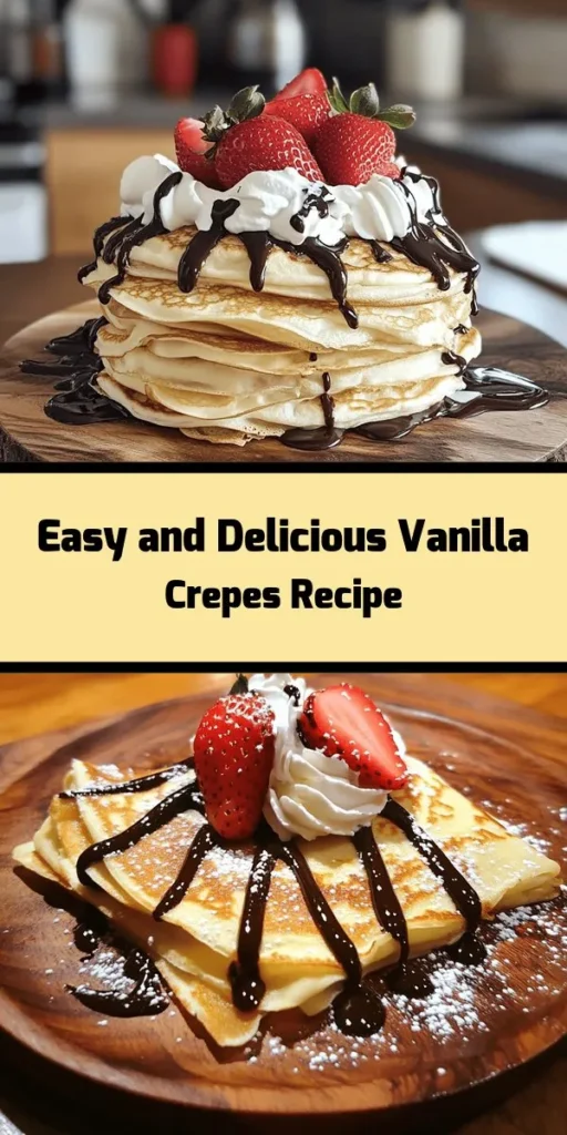 Indulge in the joy of homemade vanilla crepes with this delightful recipe! Perfect for breakfast or dessert, these light and tender crepes are easy to make and utterly delicious. Just whisk together flour, eggs, milk, melted butter, sugar, and vanilla, then cook to golden perfection. Fill them with fresh fruit, whipped cream, or drizzled chocolate for a treat everyone will love. Enjoy a delightful meal that brings a touch of sweetness to your day!