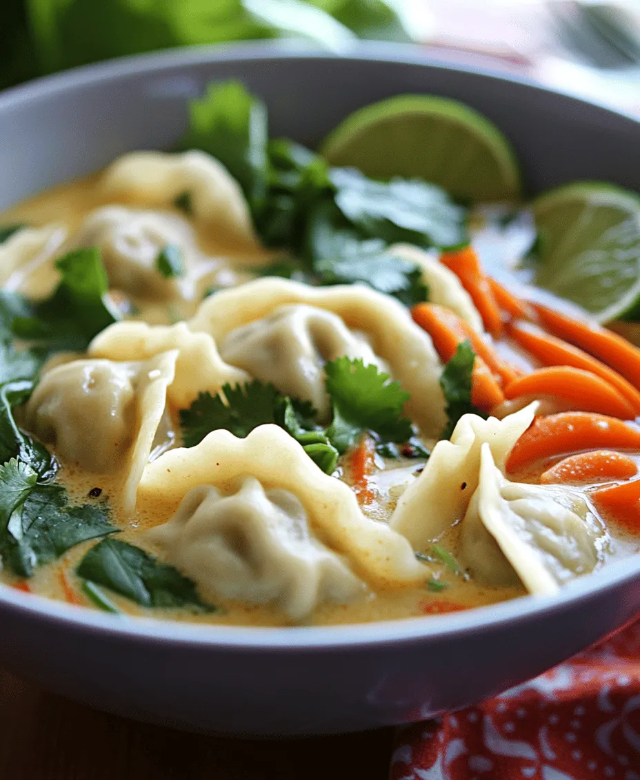 In the realm of comfort food, few dishes can rival the warmth and satisfaction offered by a steaming bowl of dumpling soup. Whether enjoyed on a cold winter's night or as a delightful treat during a family gathering, dumpling soup holds a special place in the hearts of many. Among the myriad of variations, <strong>Heavenly Curry Dumpling Soup</strong> stands out as a beautifully crafted fusion of flavors and textures that brings together the comforting essence of dumplings with the vibrant spices of curry.” /></p>
</p>
<h3>The Balance Between Coconut Milk and Broth for a Rich Soup</h3>
</p>
<p>Creating the perfect base for your Heavenly Curry Dumpling Soup requires a careful balance between coconut milk and broth. Coconut milk adds a luscious creaminess and subtle sweetness that complements the spices in the curry, while broth provides depth and a savory backbone. When combining these two components, aim for a 1:1 ratio for a rich, satisfying flavor. You can adjust the balance according to your preference—more broth for a lighter soup or extra coconut milk for a creamier finish.</p>
</p>
<p>As you heat the mixture, ensure it simmers gently rather than boiling vigorously, as this helps to meld the flavors together beautifully. Stir occasionally to prevent any sticking at the bottom of the pot, allowing the spices to infuse the broth thoroughly.</p>
</p>
<h3>Cooking the Vegetables to Perfection</h3>
</p>
<p>The choice of vegetables in your curry dumpling soup significantly influences the overall taste and texture. Opt for a colorful medley that includes bell peppers, carrots, and snap peas, each contributing a unique flavor and crunch. When preparing vegetables, it’s essential to slice them properly. Techniques such as julienning for carrots or slicing bell peppers into thin strips can enhance their appearance and ensure even cooking.</p>
</p>
<p>To julienne a carrot, first cut off the ends, then slice it into thin rounds before stacking a few rounds and cutting them into matchstick shapes. This technique not only improves the aesthetic of your dish but also allows for quicker cooking, ensuring that the vegetables retain their vibrancy and are tender yet crisp.</p>
</p>
<p>Timing is crucial when adding vegetables to the soup. Start with the denser vegetables like carrots and bell peppers, allowing them to soften for a few minutes before adding quicker-cooking options like snap peas. This staggered approach ensures that all vegetables remain perfectly cooked and colorful, maintaining their nutrients and enhancing the dish’s visual appeal.</p>
</p>
<h3>Gently Cooking the Dumplings</h3>
</p>
<p>Cooking the dumplings is a delicate process that requires attention to detail. The key to perfectly cooked dumplings lies in the timing and temperature of your soup. Once your broth is simmering, gently add the dumplings to the pot. As they cook, they will gradually rise to the surface, a sign that they are approaching doneness.</p>
</p>
<p>Typically, dumplings will take about 6-8 minutes to cook through, depending on their size and filling. Keep an eye on them; when they begin to float, it indicates that steam has built up inside, causing them to become light and fluffy. However, ensure they are not overcooked, as this can lead to a mushy texture.</p>
</p>
<p>Using a slotted spoon, you can occasionally lift a dumpling out of the pot to check if it’s cooked through. The dough should be tender, and the filling should be hot and flavorful. This gentle cooking method not only prevents the dumplings from sticking together but also preserves their delicate structure.</p>
</p>
<h3>Final Touches: Seasoning and Garnishing</h3>
</p>
<p>Seasoning is the final step in achieving a well-rounded flavor profile in your curry dumpling soup. A splash of soy sauce adds umami depth, while a squeeze of lime juice brightens the dish, enhancing the richness of the coconut milk. Start with a tablespoon of soy sauce, tasting as you go, and adjust according to your personal preference. The acidity from the lime juice will balance the creaminess, creating a harmonious blend of flavors.</p>
</p>
<p>Incorporating fresh baby spinach is also a fantastic way to add nutrition and color to your soup. Simply toss in a handful just before serving; the residual heat will wilt the spinach without losing its vibrant green hue.</p>
</p>
<p>For an added visual appeal, consider garnishing your soup with chopped cilantro, sliced green onions, or a sprinkle of red pepper flakes for a touch of heat. These elements not only enhance the presentation but also introduce layer upon layer of flavor.</p>
</p>
<h3>Serving Suggestions</h3>
</p>
<p>When it comes to serving your Heavenly Curry Dumpling Soup, think about what will complement its rich flavors. A side of crusty bread or steamed jasmine rice makes for an excellent accompaniment, allowing you to soak up the aromatic broth. For a more substantial meal, consider serving the soup with a light salad, perhaps featuring sesame-dressed greens or a refreshing cucumber salad.</p>
</p>
<p>Presentation is key to elevating the dining experience. Serve the soup in deep bowls, artfully arranging the dumplings and vegetables. Drizzle a bit of coconut milk on top for a beautiful contrast and garnish with fresh herbs. Pair your soup with a light beverage such as iced green tea or a crisp white wine, which will complement the spices without overpowering them.</p>
</p>
<h3>Nutritional Information</h3>
</p>
<p>Heavenly Curry Dumpling Soup is not only delicious but also packed with nutritional benefits. Each serving provides a balance of protein, healthy fats, and carbohydrates, making it a satisfying meal option. A typical serving contains approximately 350 calories, with around 15 grams of protein, 40 grams of carbohydrates, and 15 grams of fat.</p>
</p>
<p>The variety of vegetables adds a wealth of vitamins and minerals, including Vitamin A, C, and potassium, while the dumplings contribute protein and fiber. This soup can easily fit into a balanced diet, offering comfort and nourishment, especially during colder months.</p>
</p>
<h3>Conclusion</h3>
</p>
<p>Heavenly Curry Dumpling Soup is a comforting and flavorful dish that brings warmth and joy to any table. With its rich coconut broth, tender dumplings, and vibrant vegetables, this soup is perfect for sharing with loved ones or enjoying as a cozy meal on your own.</p>
</p>
<p>As you experiment with the recipe, feel free to put your own spin on it by adding your favorite vegetables, adjusting the spice levels, or even trying different types of dumplings. The beauty of this dish lies in its versatility, allowing you to create something uniquely yours.</p>
</p>
<p>There’s something truly special about sharing homemade meals—it fosters connection and creates lasting memories. So gather your family or friends, serve up a bowl of this delightful soup, and enjoy the warmth of home-cooked goodness together.</p>
<div id=